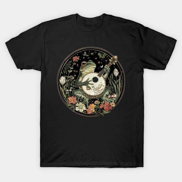 Goblincore Fungi Frog Playing His Banjo Flowers Frog Lover T-Shirt by RetroZin